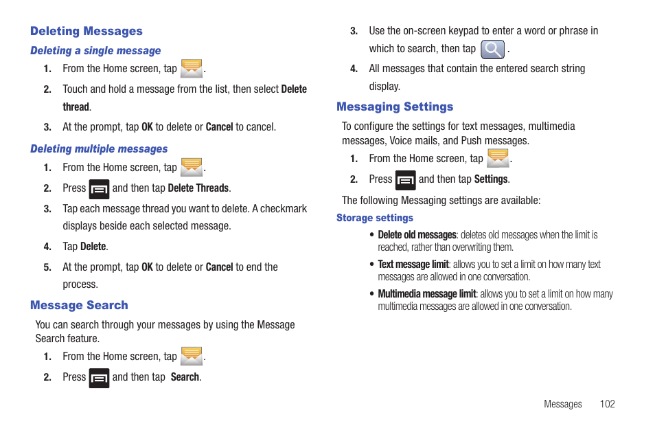 Deleting messages, Message search, Messaging settings | Samsung SGH-T959HAVTMB User Manual | Page 107 / 256