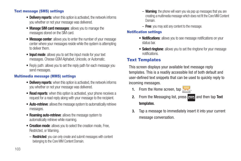 Text templates | Samsung SGH-T959HAVTMB User Manual | Page 108 / 256