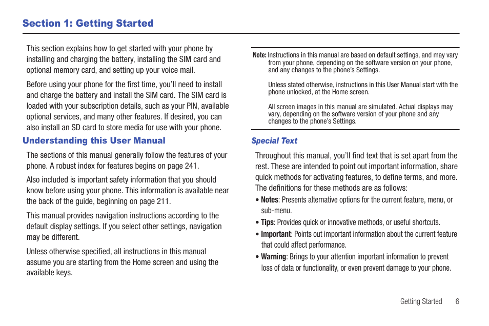 Section 1: getting started, Understanding this user manual | Samsung SGH-T959HAVTMB User Manual | Page 11 / 256