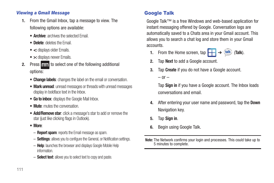 Google talk | Samsung SGH-T959HAVTMB User Manual | Page 116 / 256