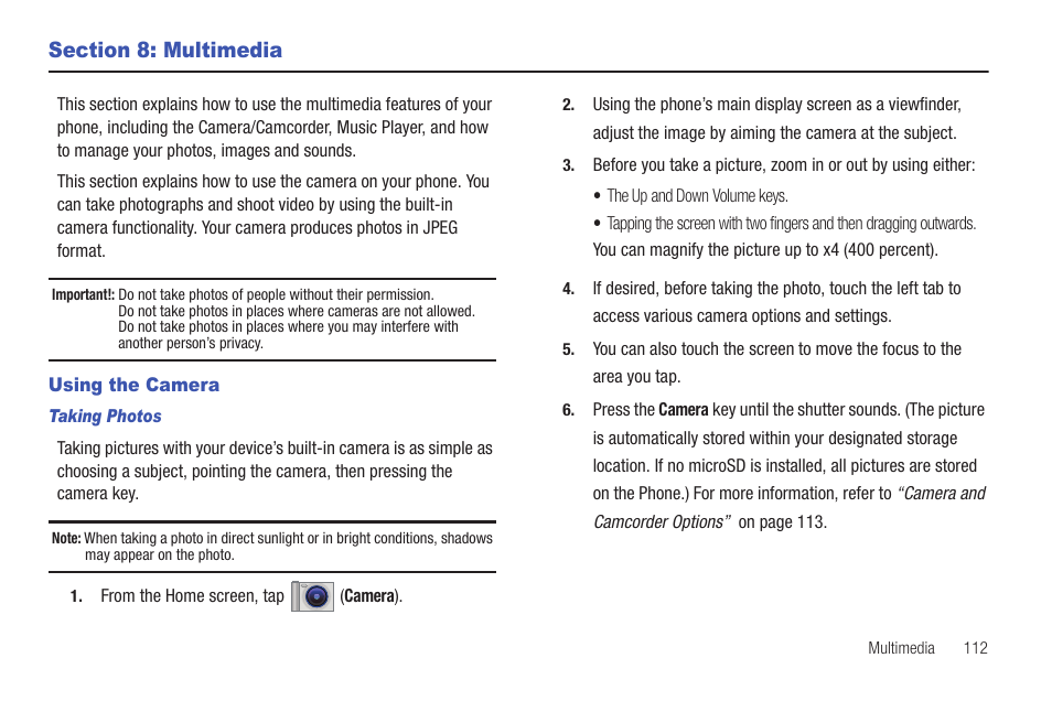 Section 8: multimedia, Using the camera | Samsung SGH-T959HAVTMB User Manual | Page 117 / 256