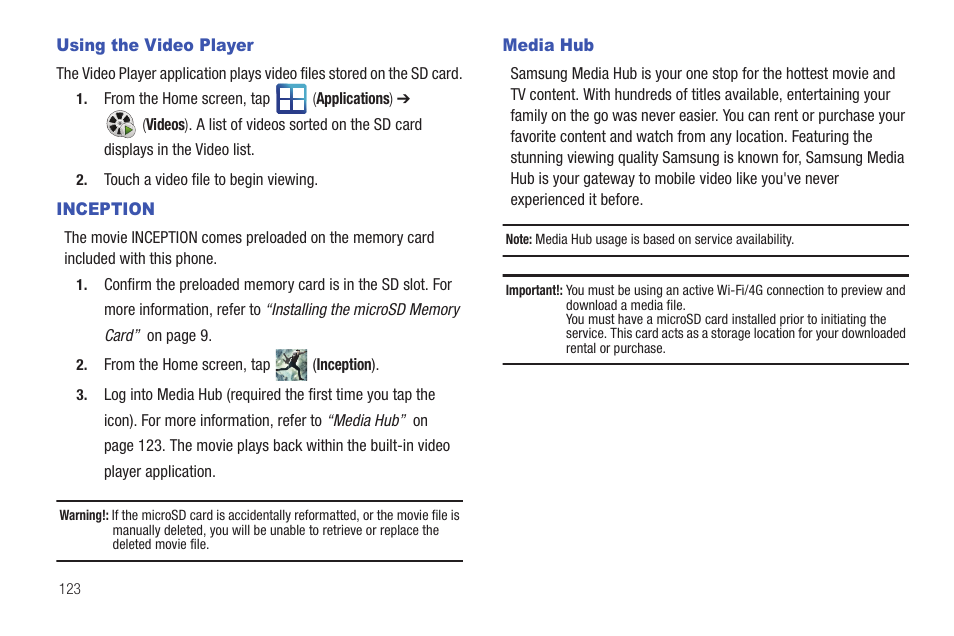 Using the video player, Inception, Media hub | Using the video player inception media hub | Samsung SGH-T959HAVTMB User Manual | Page 128 / 256