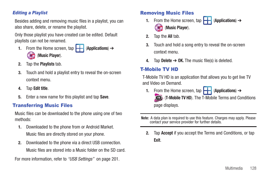 Transferring music files, Removing music files, T-mobile tv hd | Samsung SGH-T959HAVTMB User Manual | Page 133 / 256