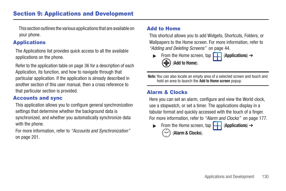 Section 9: applications and development, Applications, Accounts and sync | Add to home, Alarm & clocks | Samsung SGH-T959HAVTMB User Manual | Page 135 / 256