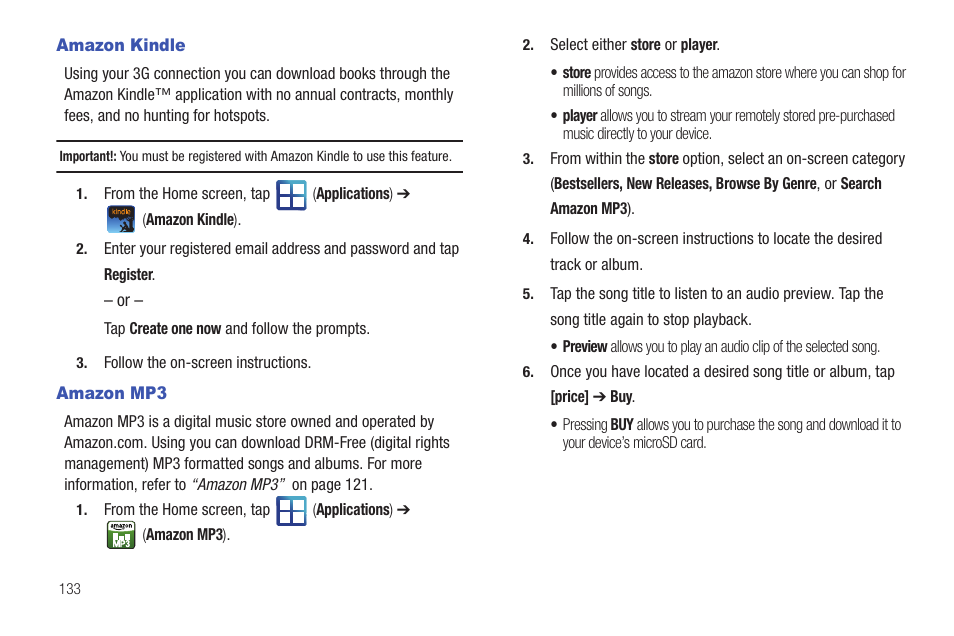 Amazon kindle, Amazon mp3, Amazon kindle amazon mp3 | Samsung SGH-T959HAVTMB User Manual | Page 138 / 256