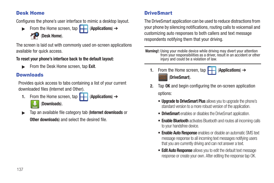 Desk home, Downloads, Drivesmart | Desk home downloads drivesmart | Samsung SGH-T959HAVTMB User Manual | Page 142 / 256