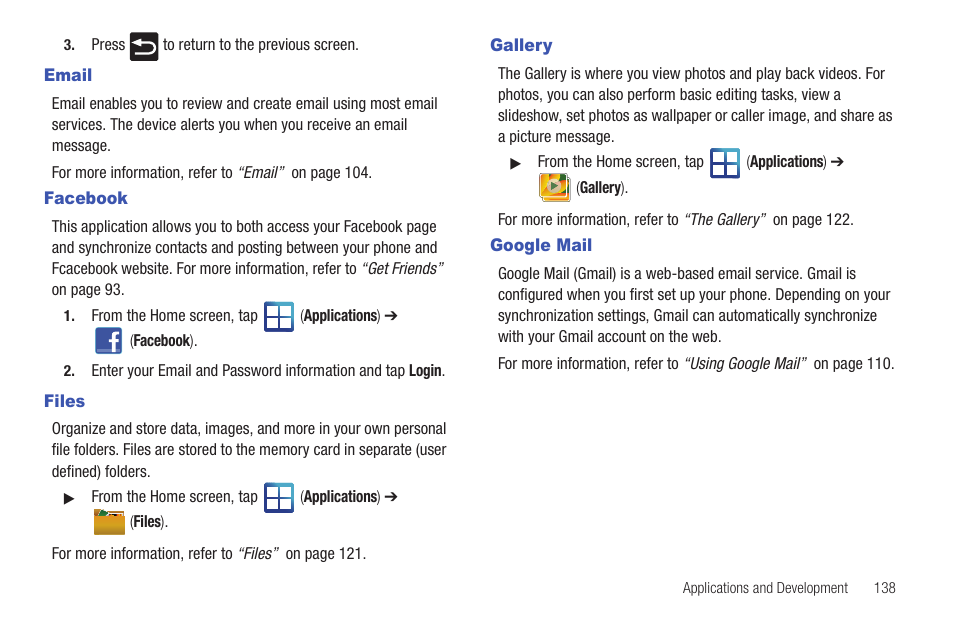 Email, Facebook, Files | Gallery, Google mail, Email facebook files gallery google mail | Samsung SGH-T959HAVTMB User Manual | Page 143 / 256