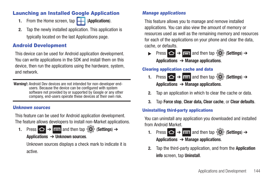 Launching an installed google application, Android development | Samsung SGH-T959HAVTMB User Manual | Page 149 / 256