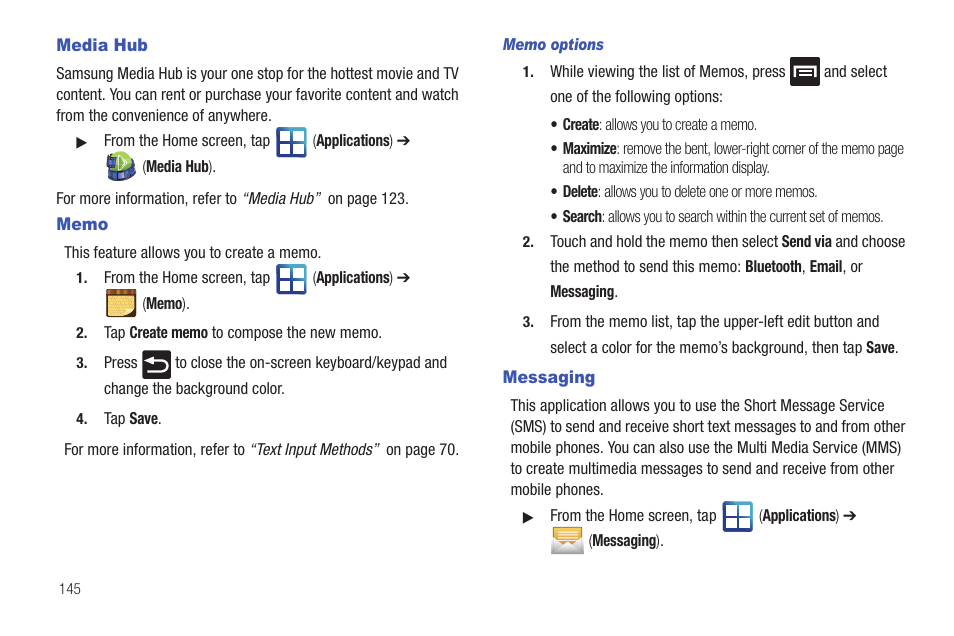 Media hub, Memo, Messaging | Media hub memo messaging | Samsung SGH-T959HAVTMB User Manual | Page 150 / 256