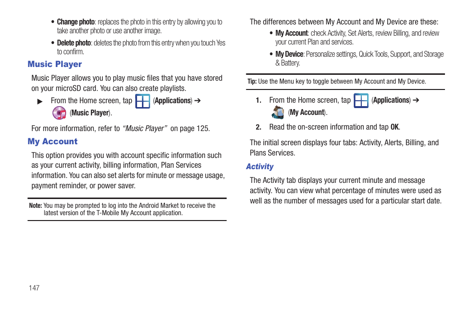 Music player, My account, Music player my account | Samsung SGH-T959HAVTMB User Manual | Page 152 / 256