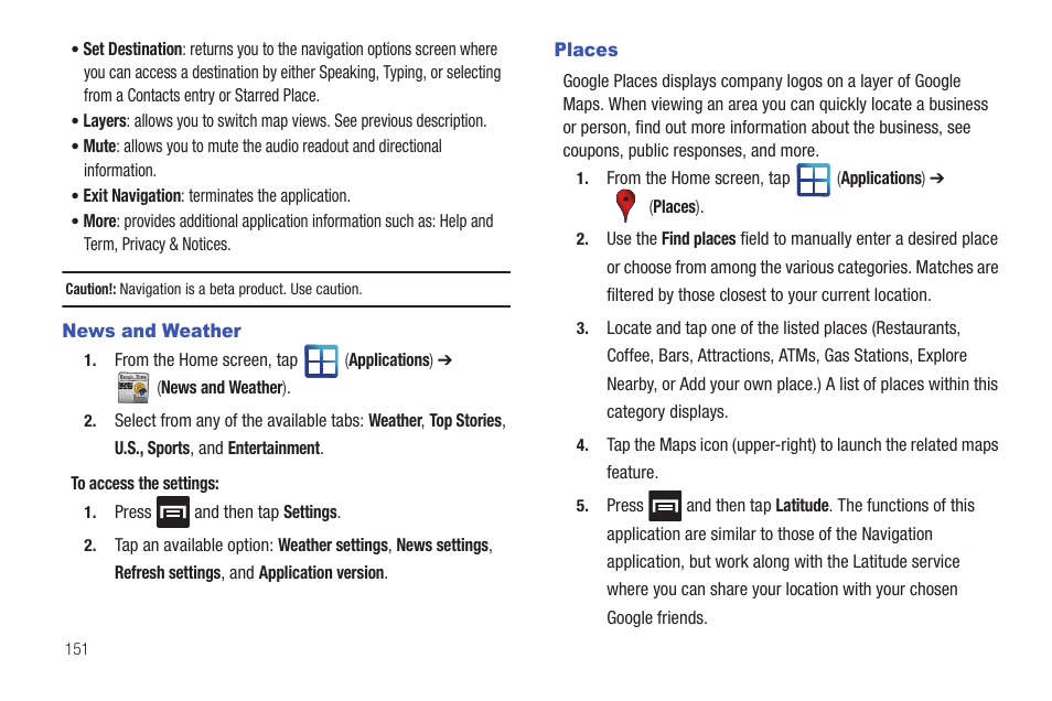 News and weather, Places, News and weather places | Samsung SGH-T959HAVTMB User Manual | Page 156 / 256