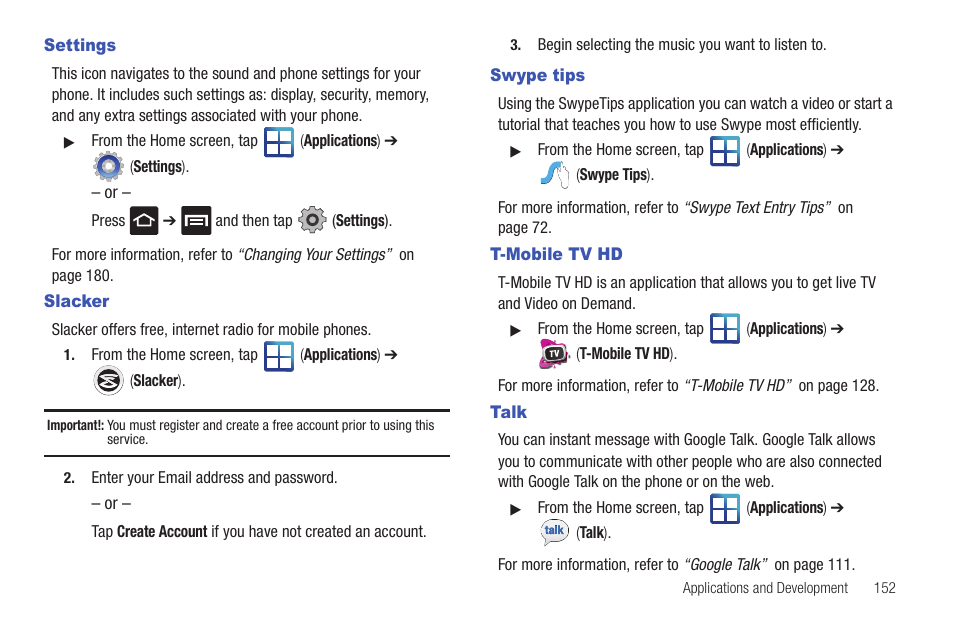 Settings, Slacker, Swype tips | T-mobile tv hd, Talk, Settings slacker swype tips t-mobile tv hd talk | Samsung SGH-T959HAVTMB User Manual | Page 157 / 256