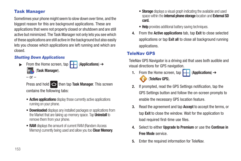 Task manager, Telenav gps, Task manager telenav gps | Samsung SGH-T959HAVTMB User Manual | Page 158 / 256