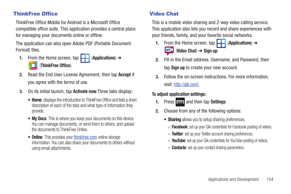 Thinkfree office, Video chat, Thinkfree office video chat | Samsung SGH-T959HAVTMB User Manual | Page 159 / 256