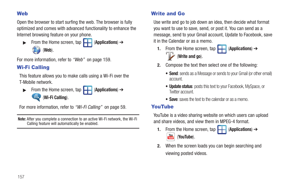 Wi-fi calling, Write and go, Youtube | Web wi-fi calling write and go | Samsung SGH-T959HAVTMB User Manual | Page 162 / 256