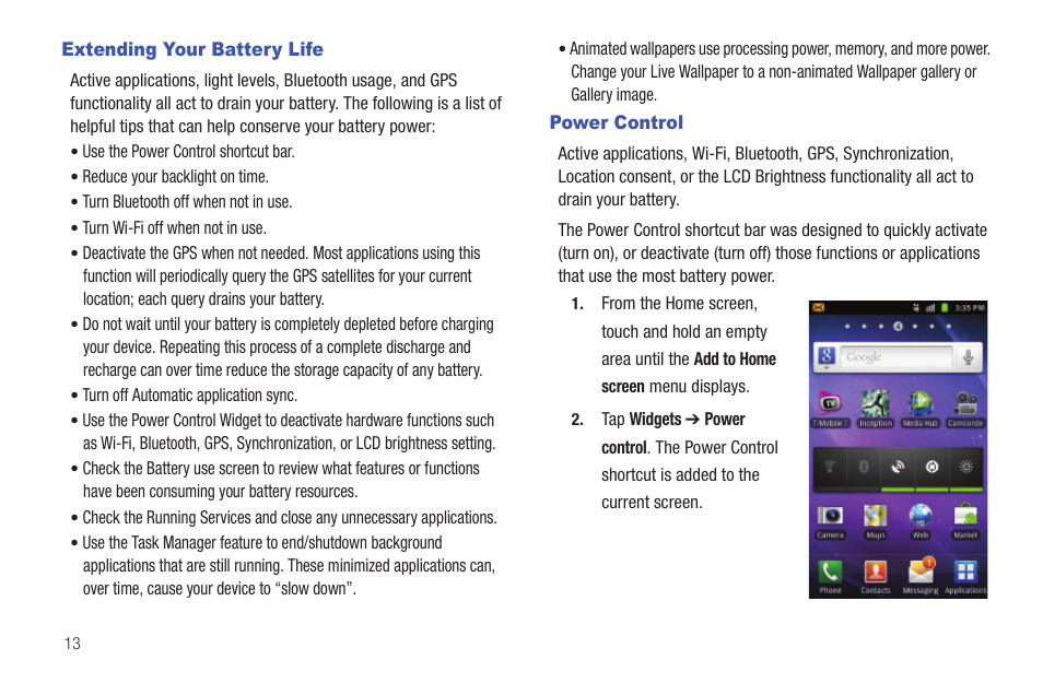 Extending your battery life, Power control, Extending your battery life power control | Samsung SGH-T959HAVTMB User Manual | Page 18 / 256