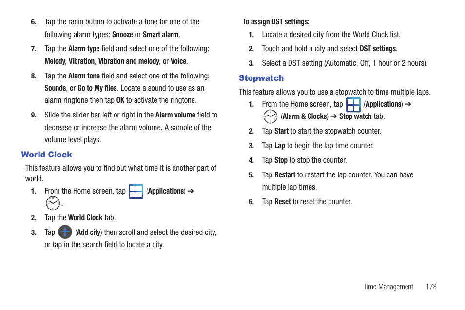 World clock, Stopwatch, World clock stopwatch | Samsung SGH-T959HAVTMB User Manual | Page 183 / 256