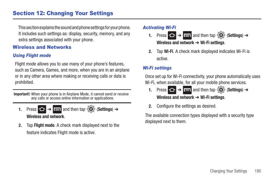 Section 12: changing your settings, Wireless and networks | Samsung SGH-T959HAVTMB User Manual | Page 185 / 256