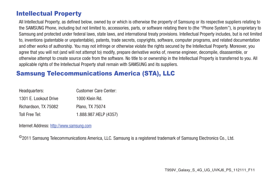 Intellectual property, Samsung telecommunications america (sta), llc | Samsung SGH-T959HAVTMB User Manual | Page 2 / 256