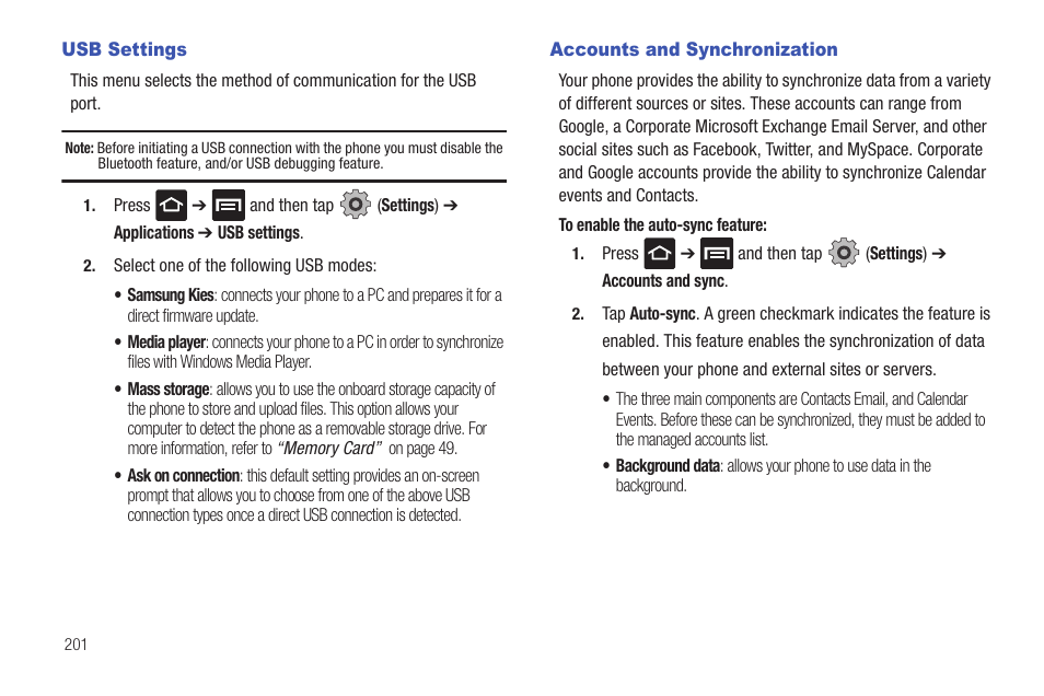 Usb settings, Accounts and synchronization | Samsung SGH-T959HAVTMB User Manual | Page 206 / 256