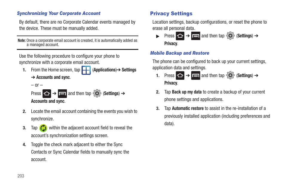 Privacy settings | Samsung SGH-T959HAVTMB User Manual | Page 208 / 256