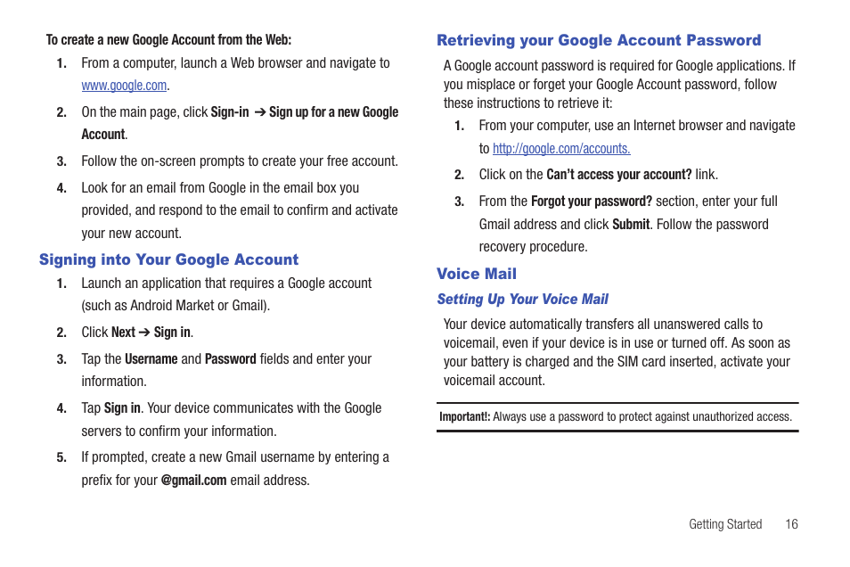 Signing into your google account, Retrieving your google account password, Voice mail | Samsung SGH-T959HAVTMB User Manual | Page 21 / 256