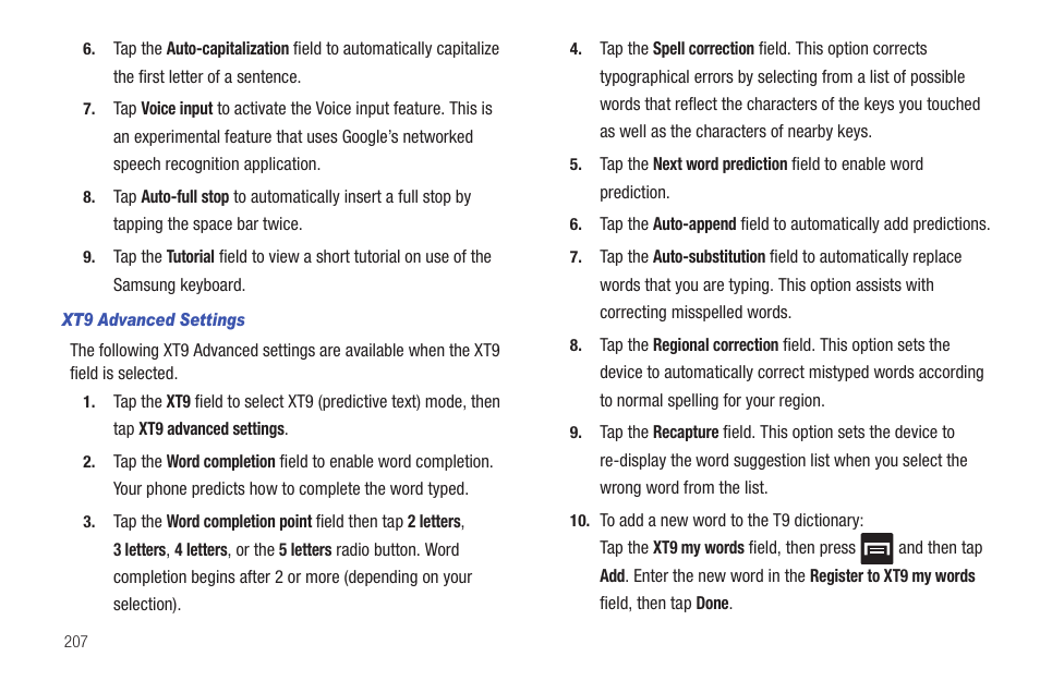 Od. for more, Information, refer to “xt9 advanced settings” on | Samsung SGH-T959HAVTMB User Manual | Page 212 / 256