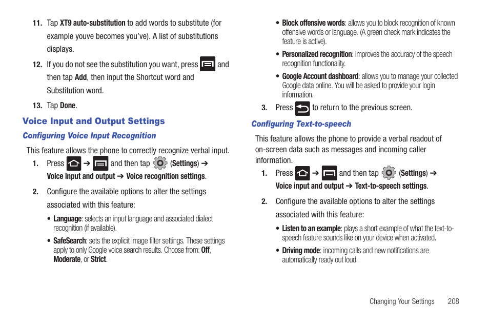 Voice input and output settings | Samsung SGH-T959HAVTMB User Manual | Page 213 / 256