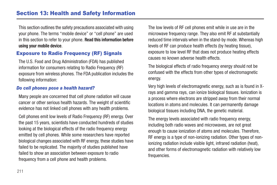 Section 13: health and safety information, Exposure to radio frequency (rf) signals | Samsung SGH-T959HAVTMB User Manual | Page 216 / 256