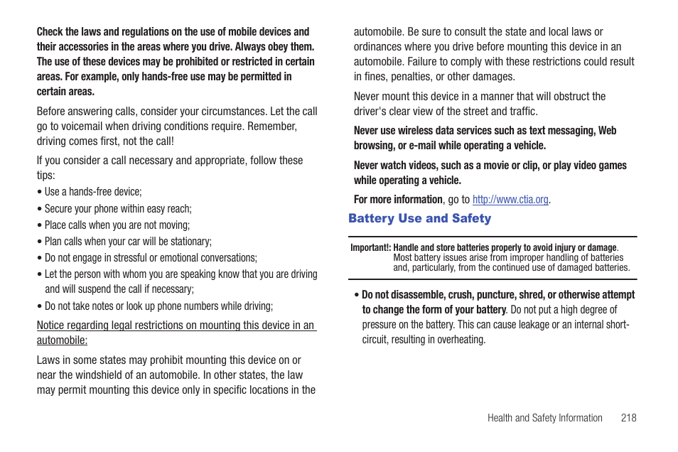 Battery use and safety | Samsung SGH-T959HAVTMB User Manual | Page 223 / 256