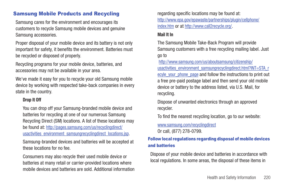 Samsung mobile products and recycling | Samsung SGH-T959HAVTMB User Manual | Page 225 / 256