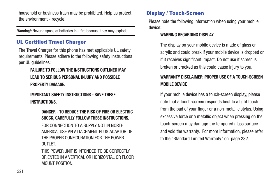 Ul certified travel charger, Display / touch-screen, Ul certified travel charger display / touch-screen | Samsung SGH-T959HAVTMB User Manual | Page 226 / 256