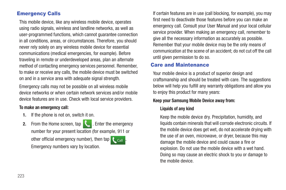 Emergency calls, Care and maintenance, Emergency calls care and maintenance | Samsung SGH-T959HAVTMB User Manual | Page 228 / 256