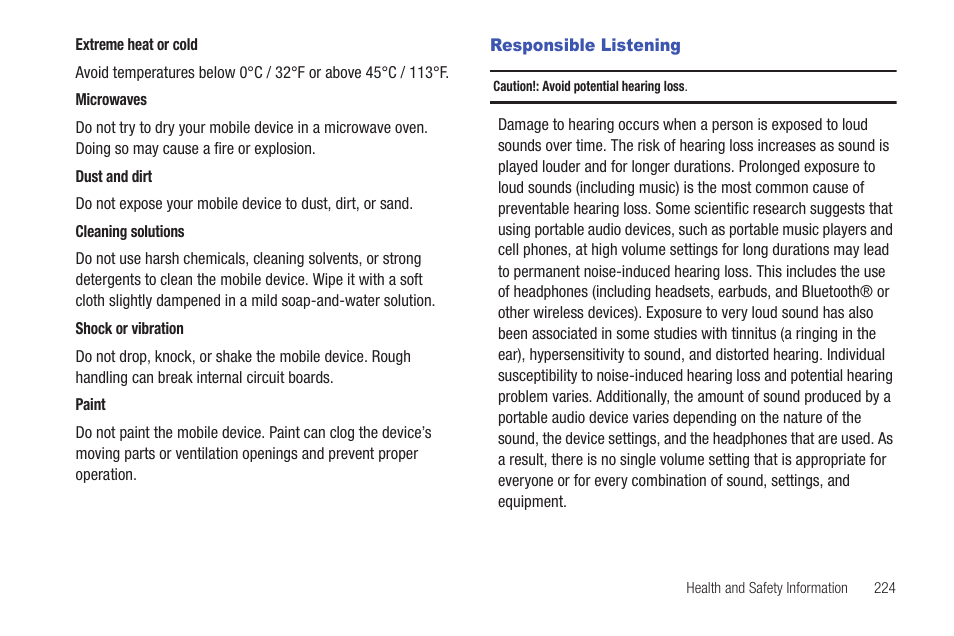 Responsible listening | Samsung SGH-T959HAVTMB User Manual | Page 229 / 256