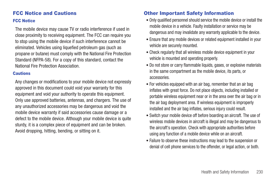 Fcc notice and cautions, Other important safety information | Samsung SGH-T959HAVTMB User Manual | Page 235 / 256