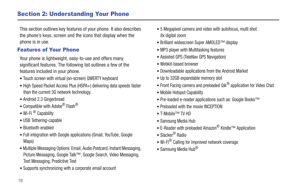 Section 2: understanding your phone, Features of your phone | Samsung SGH-T959HAVTMB User Manual | Page 24 / 256