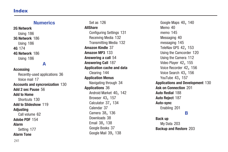 Index | Samsung SGH-T959HAVTMB User Manual | Page 246 / 256