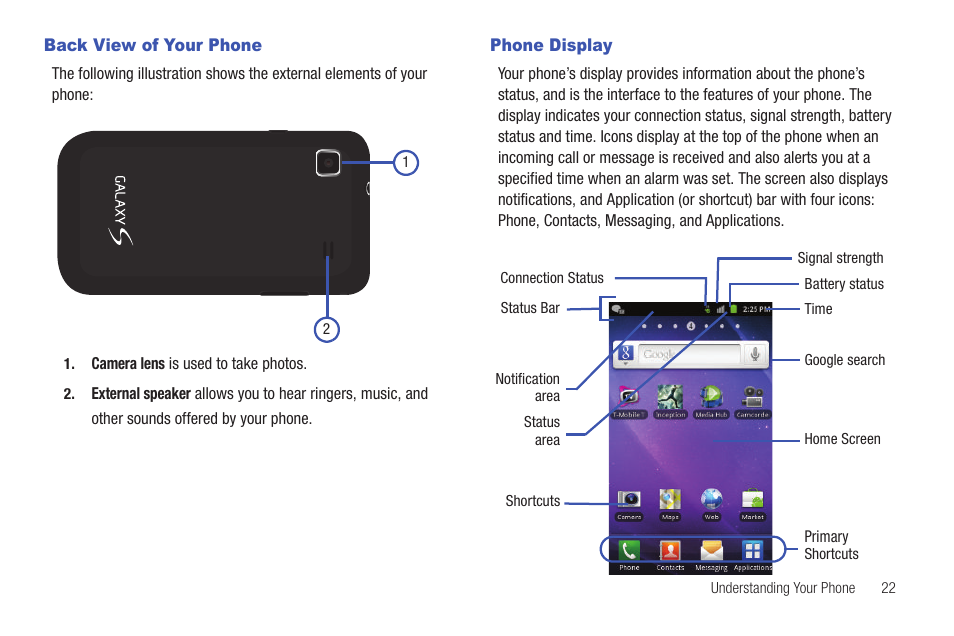 Back view of your phone, Phone display, Back view of your phone phone display | Samsung SGH-T959HAVTMB User Manual | Page 27 / 256