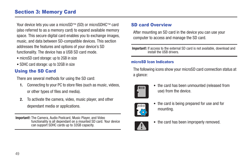 Section 3: memory card, Using the sd card, Sd card overview | Using the sd card sd card overview | Samsung SGH-T959HAVTMB User Manual | Page 54 / 256