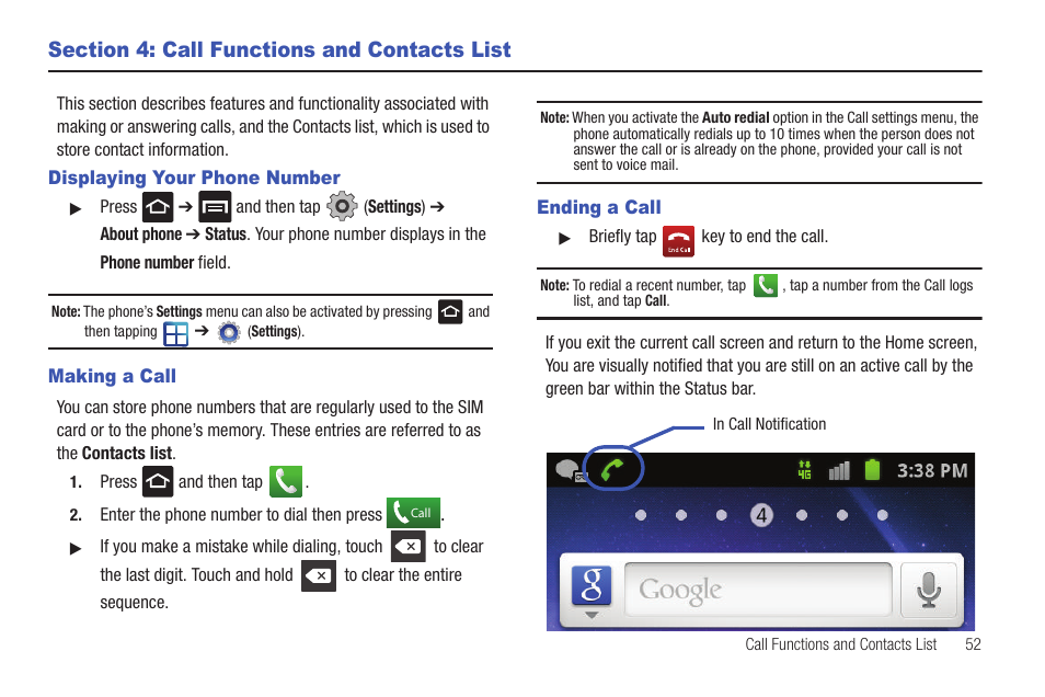 Section 4: call functions and contacts list, Displaying your phone number, Making a call | Ending a call | Samsung SGH-T959HAVTMB User Manual | Page 57 / 256