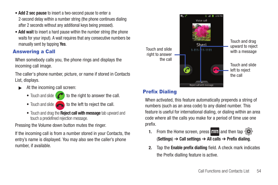 Answering a call, Prefix dialing, Answering a call prefix dialing | Samsung SGH-T959HAVTMB User Manual | Page 59 / 256