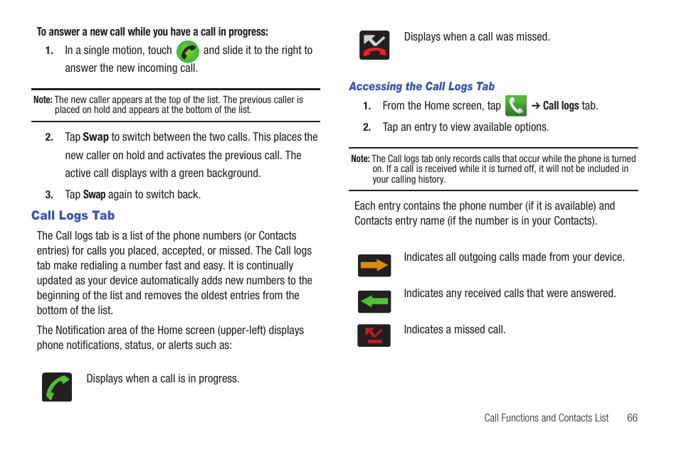 Call logs tab | Samsung SGH-T959HAVTMB User Manual | Page 71 / 256