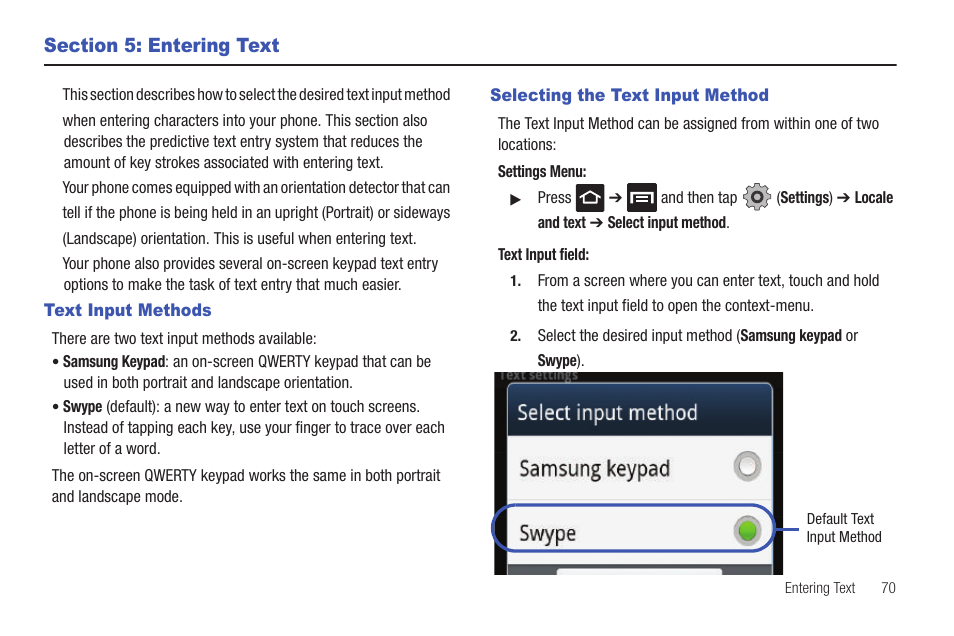 Section 5: entering text, Text input methods, Selecting the text input method | Text input methods selecting the text input method | Samsung SGH-T959HAVTMB User Manual | Page 75 / 256