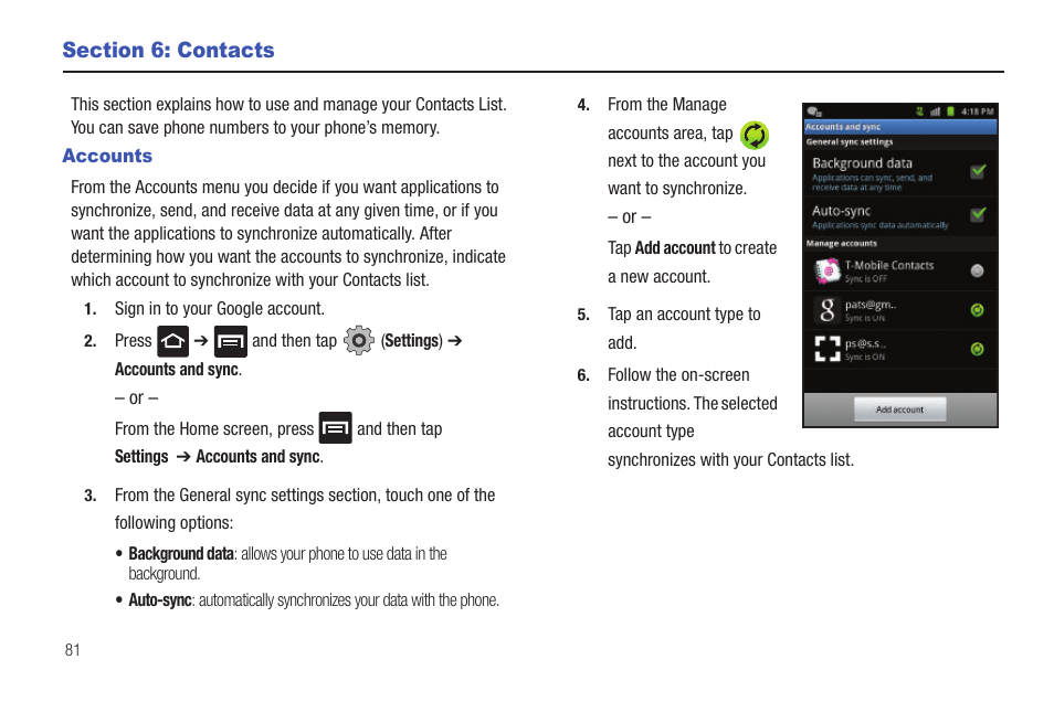 Section 6: contacts, Accounts | Samsung SGH-T959HAVTMB User Manual | Page 86 / 256