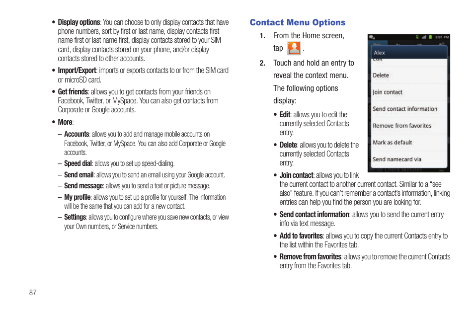 Contact menu options | Samsung SGH-T959HAVTMB User Manual | Page 92 / 256