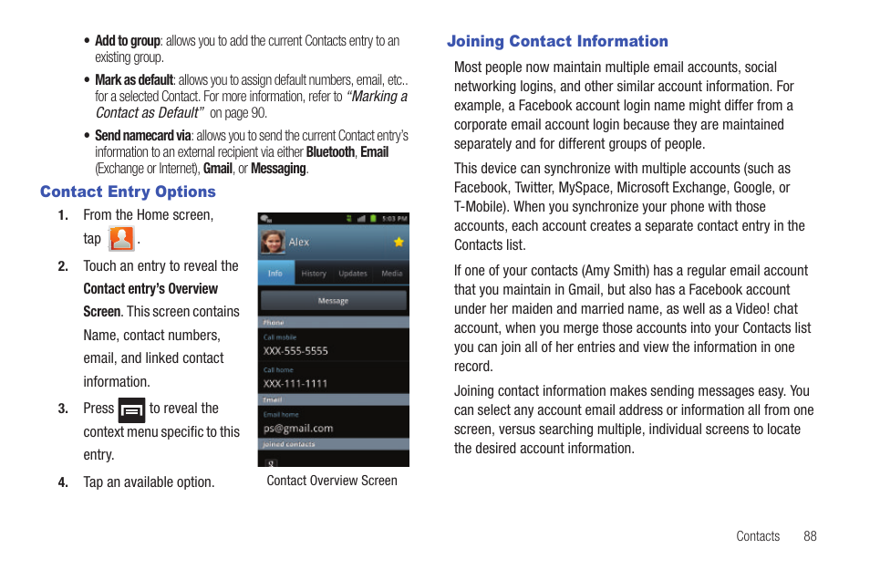 Contact entry options, Joining contact information, Contact entry options joining contact information | Samsung SGH-T959HAVTMB User Manual | Page 93 / 256