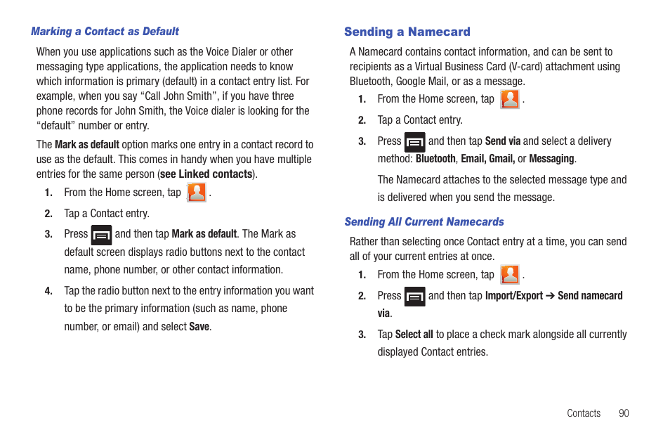 Sending a namecard | Samsung SGH-T959HAVTMB User Manual | Page 95 / 256