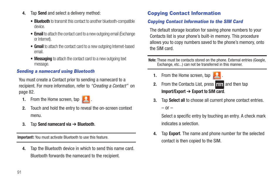 Copying contact information | Samsung SGH-T959HAVTMB User Manual | Page 96 / 256