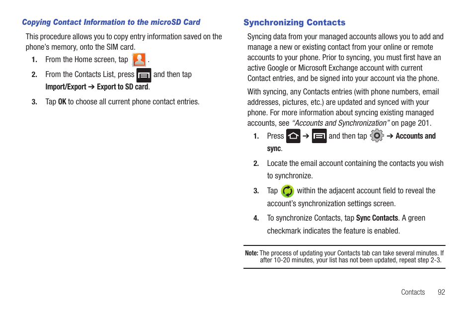 Synchronizing contacts | Samsung SGH-T959HAVTMB User Manual | Page 97 / 256