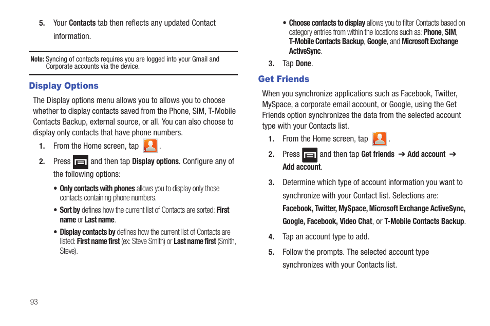 Display options, Get friends, Display options get friends | Samsung SGH-T959HAVTMB User Manual | Page 98 / 256